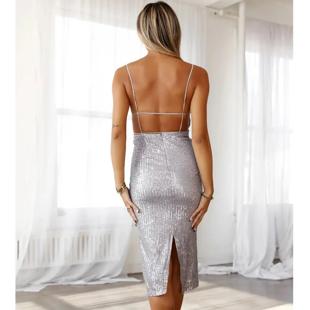 NWT Silver Sequin Midi Dress - Picture 2 of 7